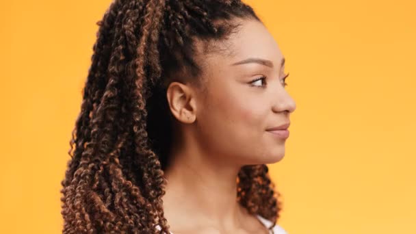 Primer plano retrato de linda señora afroamericana feliz con afro peinado girando cara a cámara y sonriendo ampliamente — Vídeo de stock