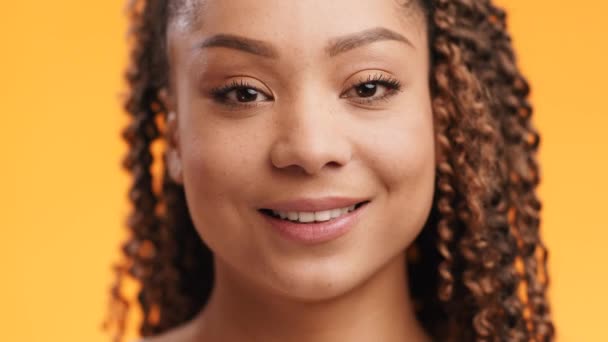 Retrato de linda joven negra con peinado afro sonriendo a la cámara, fondo de estudio naranja, cámara lenta — Vídeo de stock