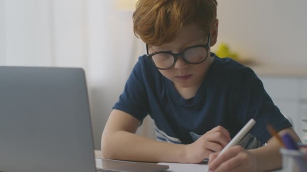 Online eğitim. Kızıl saçlı gözlüklü çocuğun dizüstü bilgisayarda ders izlediği ve deftere not aldığı bir fotoğraf. — Stok video