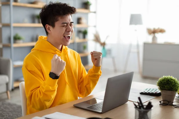Asiático chico usando laptop celebrando éxito sacudiendo puños — Foto de Stock