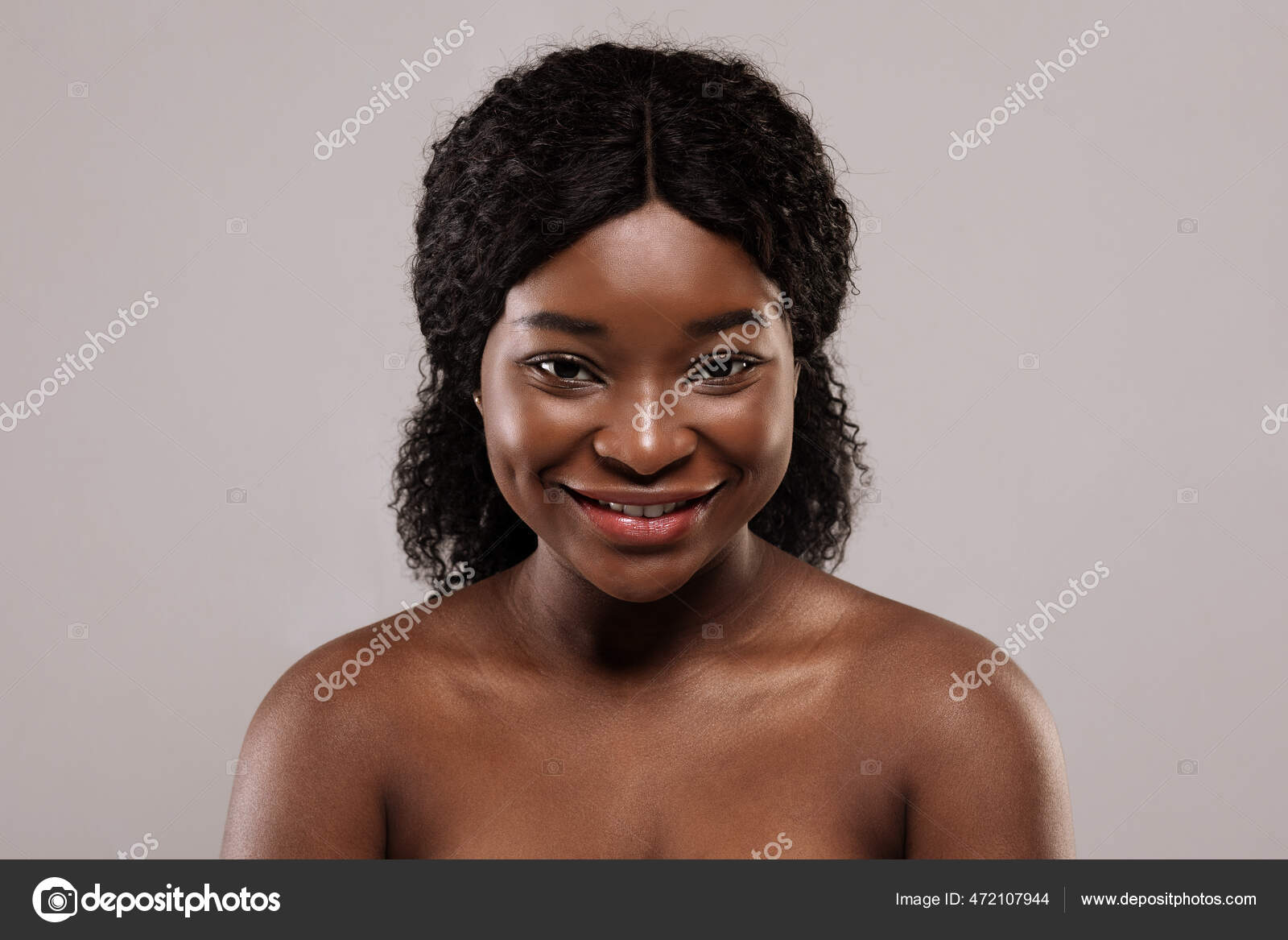 Closeup Portrait Of Young Nude Attractive African Woman With Clean