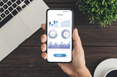Analitik uygulamalı akıllı telefonu tutan tanınmayan bir kadın.