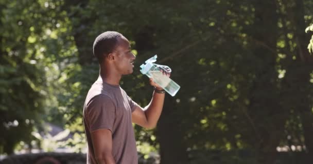 Jovem atleta negro cara fazendo pausa no treino de corrida, água potável de garrafa de esporte no parque de verão verde, vista lateral — Vídeo de Stock