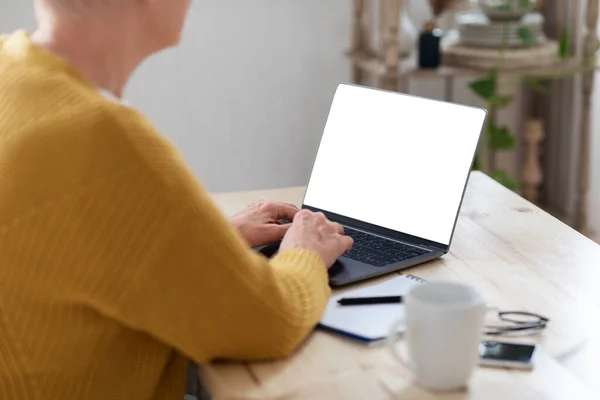 Veksling av eldre dame ved bruk av bærbar PC med tom skjerm, modell – stockfoto