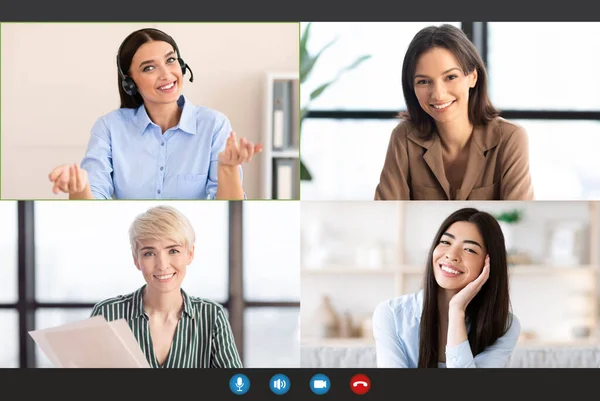 Group of multinational women having online business meeting, view of device screen. Distance work, education concept — Stock Photo, Image
