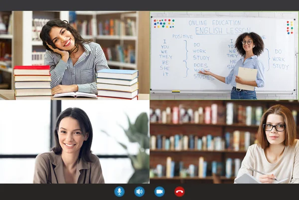 Group of happy college students having online video call with their English teacher, view of monitor screen — Stock Photo, Image