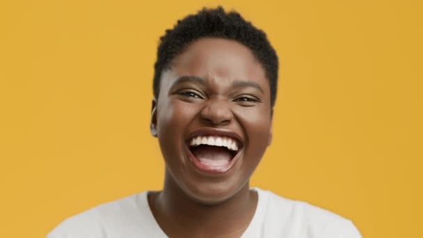 Black Female Laughing Out Loud Looking At Camera, Yellow Background — Stock Video