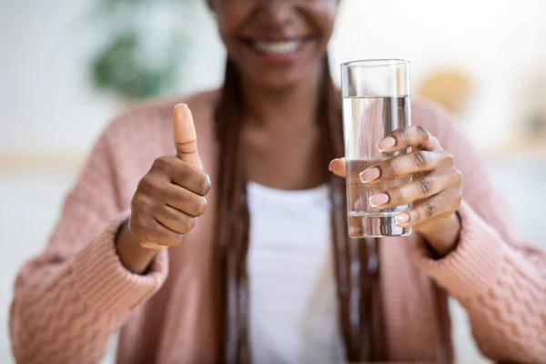 Rinfresco sano. Donna afroamericana che tiene il vetro con acqua minerale in cucina — Foto Stock