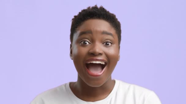 Shocked Black Lady Looking At Camera In Excitement, Purple Background — Stock Video