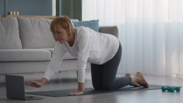 Senior kvinna gör pilates stående alla fyra höjer benmärgen hemma — Stockvideo