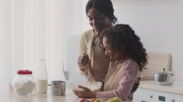 Happy african american mother teaching her daughter to cook dough, mixing ingredients in bowl together at kitchen — Stock Video
