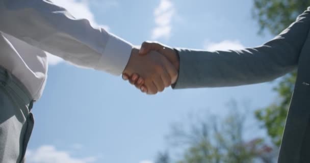 Partenariat international. Gros plan d'un homme d'affaires caucasien et d'une femme d'affaires afro-américaine serrant la main sur le ciel — Video