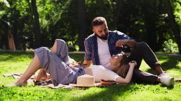 Parktaki battaniyede dinlenen mutlu çift, erkek dizlerinin üzerinde uzanan kadın, onu taze çilekle besleyen adam. — Stok video