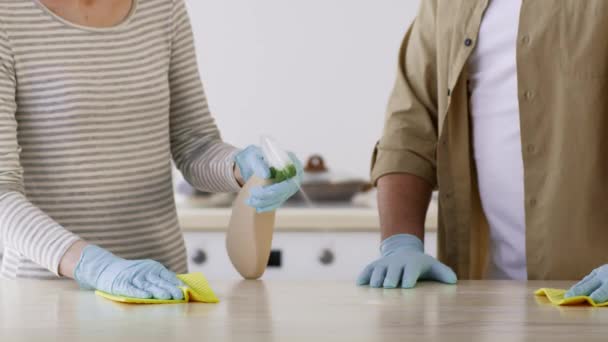 Пару уборка кухонный стол с использованием детергента спрей носить перчатки, обрезанные — стоковое видео