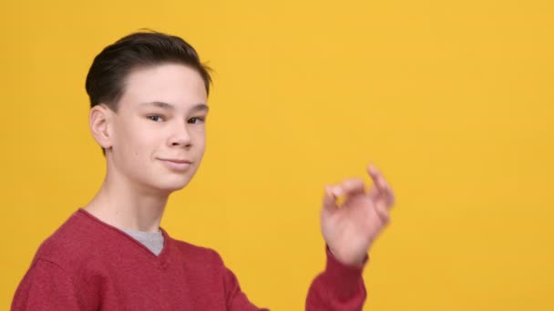ティーン男の子ジェスチャーOKサイン笑顔ポーズ上の黄色の背景 — ストック動画