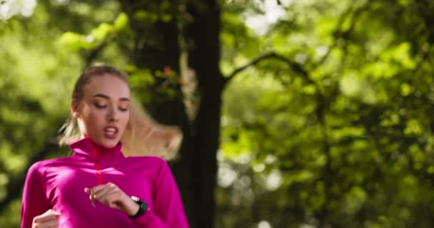 Junge aktive Frau joggt im Park, hält an, um ihre Aktivität zu überprüfen oder liest Nachricht auf Smartwatch und läuft weiter — Stockvideo