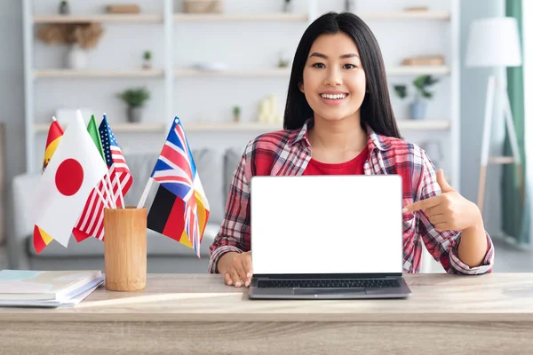 Uluslararası bayraklarla aynı masada oturan Koreli kadın, boş dizüstü bilgisayarda poz veriyor. — Stok fotoğraf