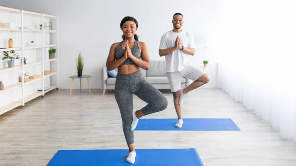 Denge yoga pozları. Positif siyah çift, ağaçta asana 'da spor minderlerinin üzerinde duruyor, sabah antrenmanlarını evde yapıyorlar. — Stok fotoğraf