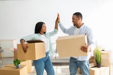 Paketlendi ve yeni eve taşınmaya hazır. Siyah eşler beşlik çakıyor, ellerinde karton kutular.