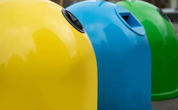 Waste Sorting. Closeup Of Colorful Garbage Containers For Different Sort Of Materials