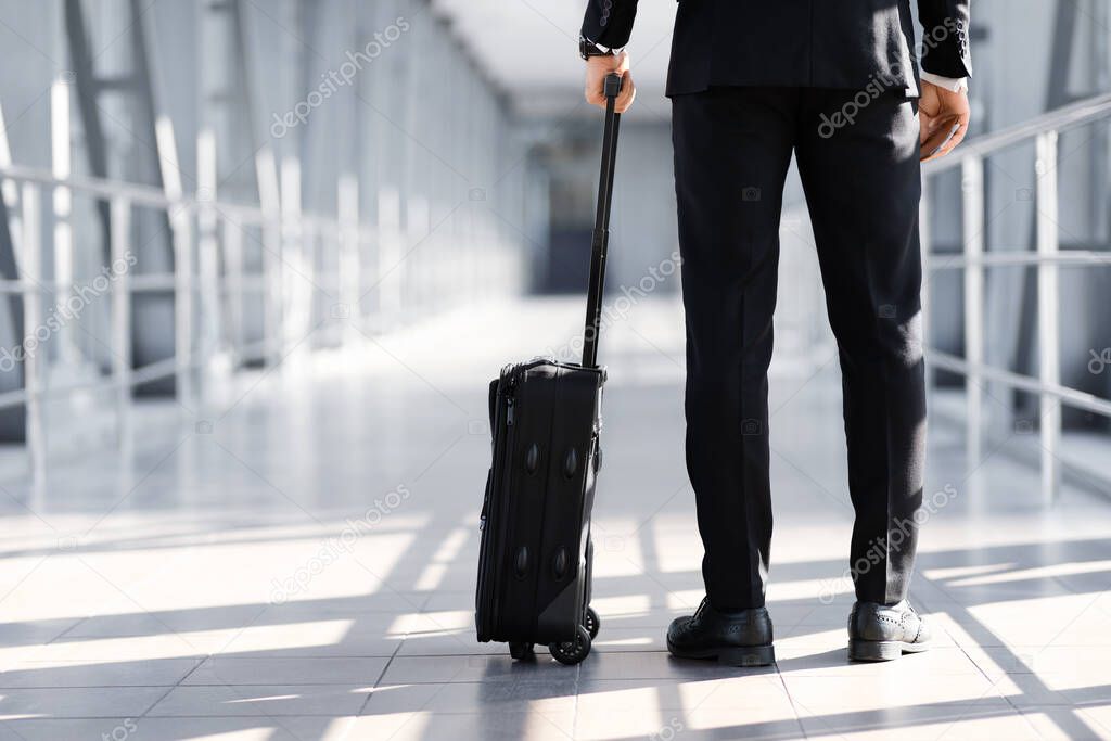 Cropped of businessman with suitcase standing in airport, back view