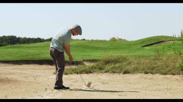 プロの男のゴルファーは、ゴルフをプレイします,牧草地にボールを打つとスイング,緑のゴルフコースでのトレーニング,バックビュー — ストック動画