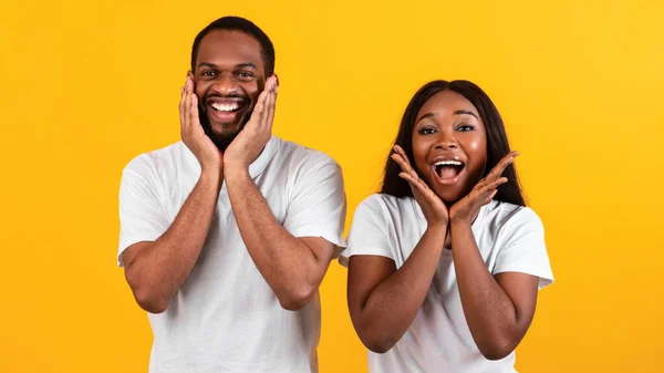 Retrato de casal negro animado ouvindo ótimas notícias — Fotografia de Stock