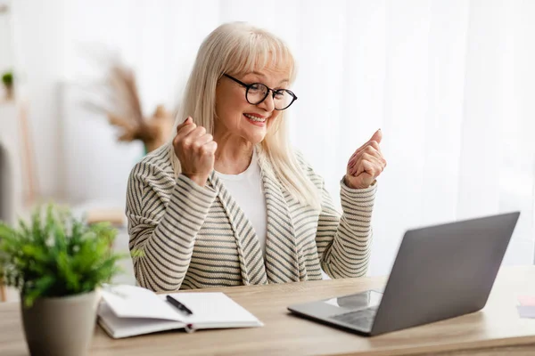 Счастливая пожилая женщина с помощью ноутбука празднует успех тряски кулаками — стоковое фото