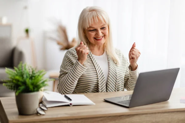 Mature woman using laptop celebrating success shaking fists