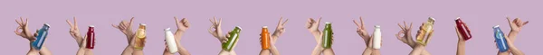 Várias mãos mostrando bebidas coloridas e gestos em roxo — Fotografia de Stock