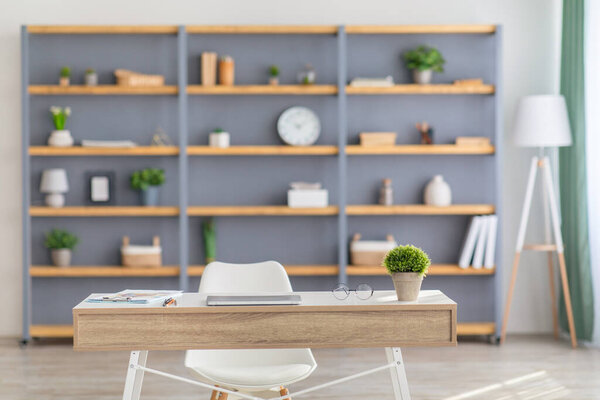 Home office interior. Table with laptop, shelves with potted plants, decor elements and accessories, gray wall