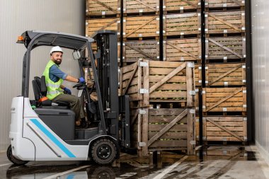 Elektrikli forkliftin çalışanı depoda olgun elmalarla dolu bir kap taşıyor.