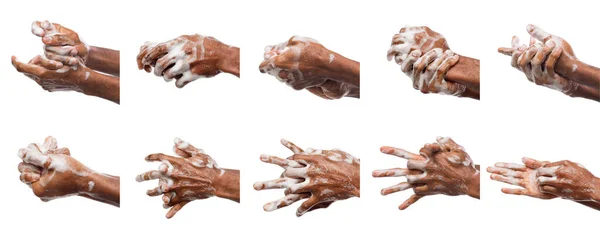 Afrykański Amerykanin myjący ręce mydłem, zestaw zdjęć — Zdjęcie stockowe