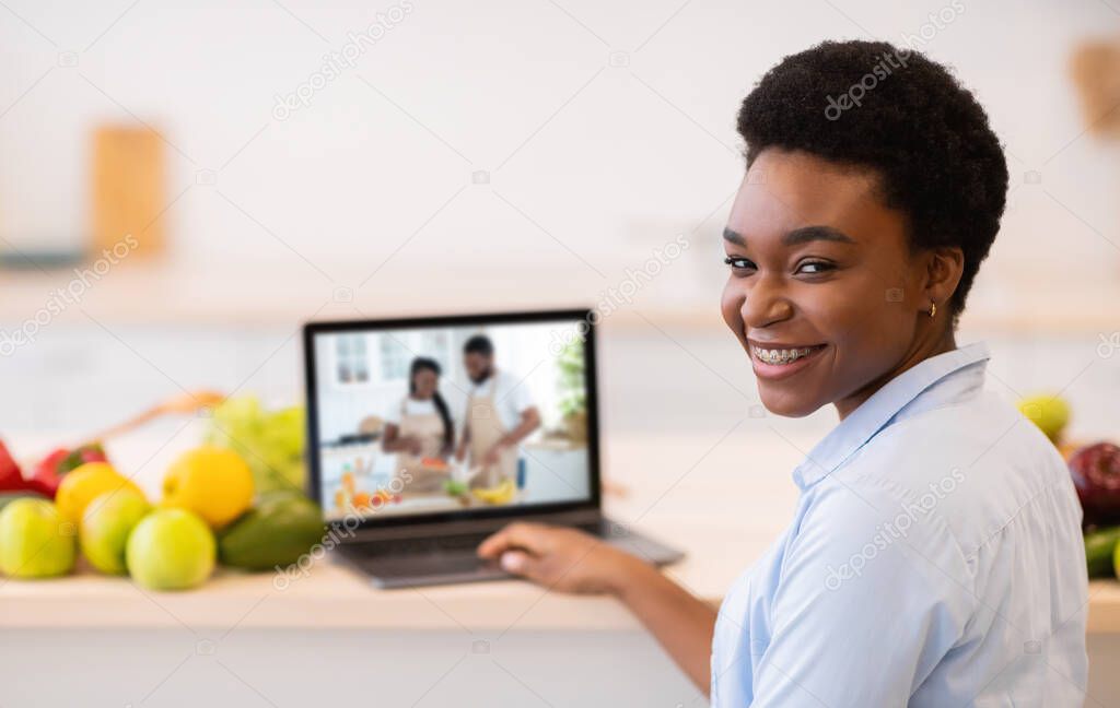 Happy African American woman taking online cooking class, learning healthy food recipes on laptop at home, collage