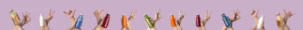 Hands gesturing with colorful tasty detox juices over purple background — 스톡 사진