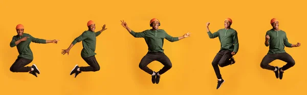 Colagem de alegre preto hipster cara pulando no ar sobre fundo amarelo — Fotografia de Stock