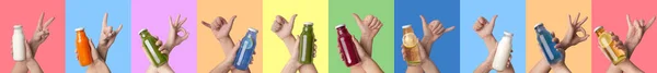 Mãos com sucos frescos de desintoxicação e coquetéis em fundos coloridos — Fotografia de Stock
