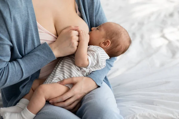 Fördelar med amning. Bedårande hungrig nyfödd baby suger mjölk från mödrar bröst — Stockfoto