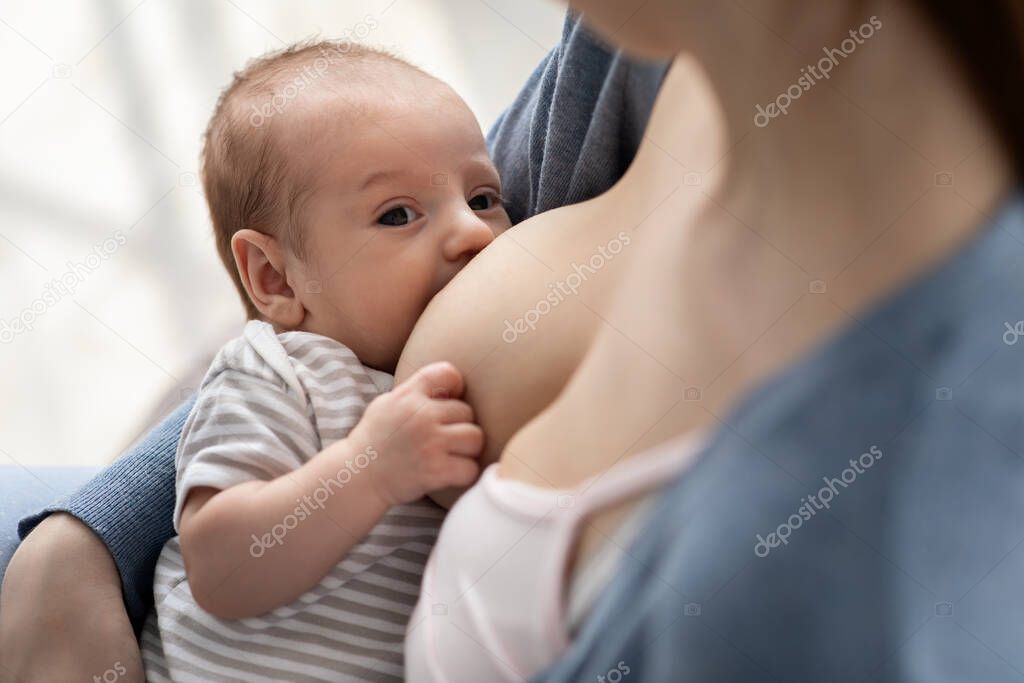 Closeup Shot Of Adorable Little Newborn Baby Suckling Milk From Mothers Breast