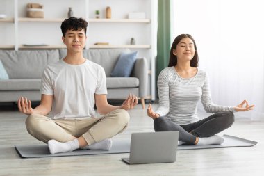 Huzurlu Asyalı aile evde meditasyon yapıyor, dizüstü bilgisayar kullanıyor.