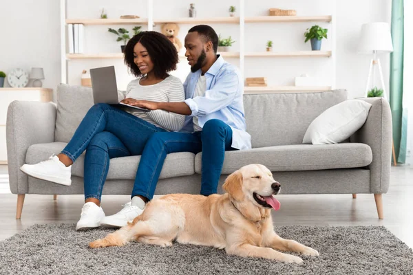 Couple noir à la maison en utilisant ordinateur portable assis avec labrador — Photo