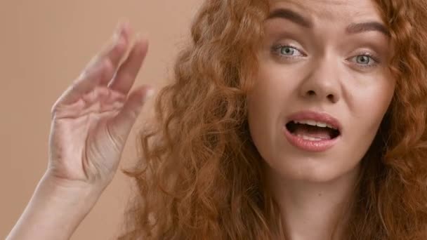 Bored Woman Gesturing Bla Bla Gesture Posing Over Beige Background — Stock Video