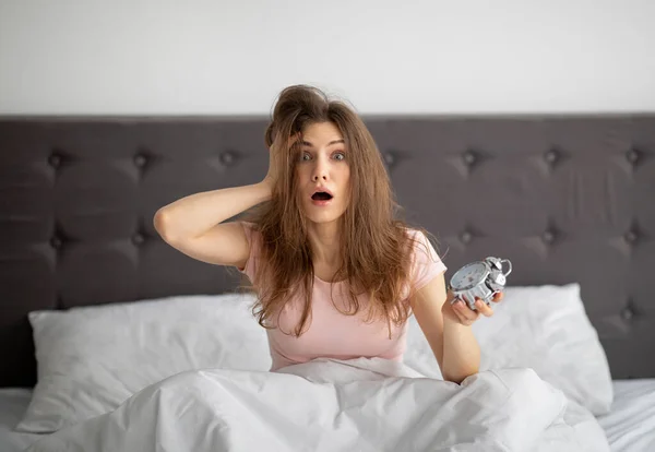 Mulher de grito aterrorizada segurando despertador na cama em casa, agarrando a cabeça, dormindo demais para o trabalho — Fotografia de Stock