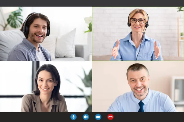 Business meeting, work conference with boss and employees or coach at lesson or webinar