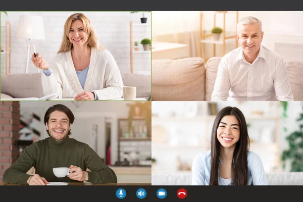 Ny normal, social distans, online chat och modern teknik, videochattgrupp av multiraciala människor — Stockfoto