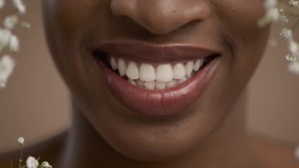 Primo piano di afro-americano labbra femminili sorridenti su sfondo beige — Video Stock