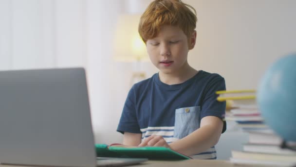 Online reading lesson. Little redhead boy reading book to his teacher remotely, sitting against laptop at home — Stock video