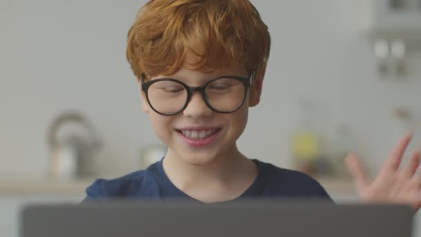 Long-awaited online meeting. Positive little boy in eyeglasses video chatting with family, waving happily to laptop — Stockvideo