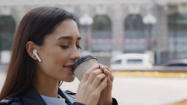 Happy Millennial Woman Drinking Coffee Standing In Urban Area Outdoors — Stockvideo