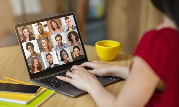 Online Tutoring. Unrecognizable Female Teacher Starting Video Conference With Group Of Students